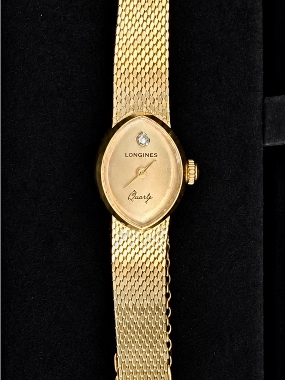 Vintage Longines Ladies Quartz Watch Gold Tone Mesh Diamond Accent 1982